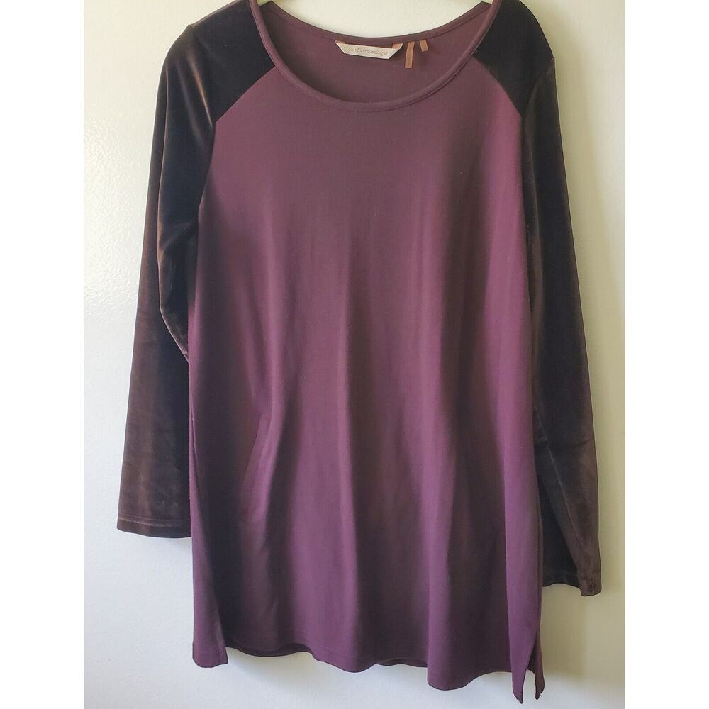 Soft Surroundings PM Women's Brown Tunic Top Shirt Velvet Sleeves Pockets Petite